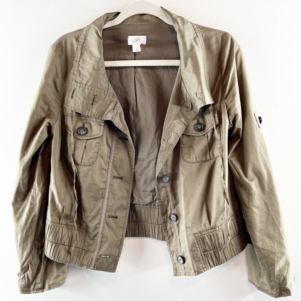 LOFT Long Sleeve Button Up Cropped Utility Jacket Green Small